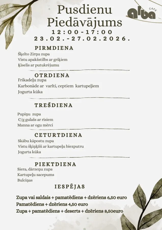 Šīs nedēļas pusdienu piedāvājums — ēdienkarte pa dienām